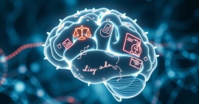 Abstrakcyjna wizualizacja uczenia się AI norm etycznych i prawnych: połaczenie sieci neuronowej, symboli sprawiedliwości i logiki.