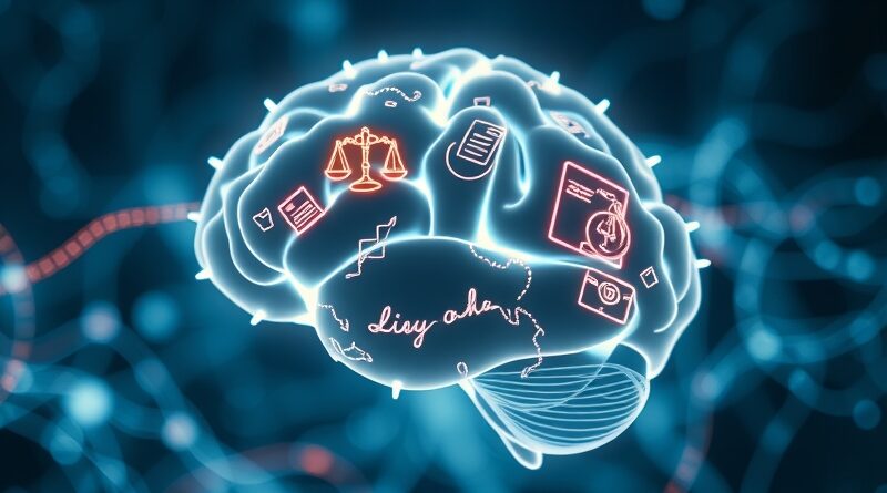 Abstrakcyjna wizualizacja uczenia się AI norm etycznych i prawnych: połaczenie sieci neuronowej, symboli sprawiedliwości i logiki.