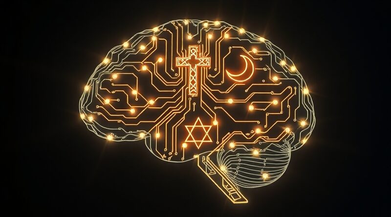 Świecąca płyta główna w kształcie mózgu spleciona z symbolami religijnymi. AI jako duchowy doradca.