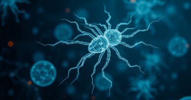 Bioluminescencyjny bakteriofag wpleciony w sieć neuronową AI, tło: cyfrowe kolonie bakterii.