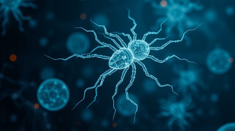 Bioluminescencyjny bakteriofag wpleciony w sieć neuronową AI, tło: cyfrowe kolonie bakterii.