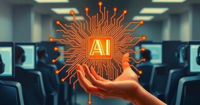 Dłoń prowadzi świecącą płytkę drukowaną (AI) na tle sylwetek z headsetami - harmonia człowieka i technologii.