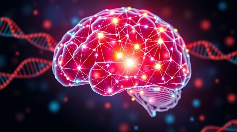 Abstrakcyjna, bioluminescencyjna sieć DNA tworząca mózg, ilustracja nowej sieci neuronowej rozszyfrowującej DNA.