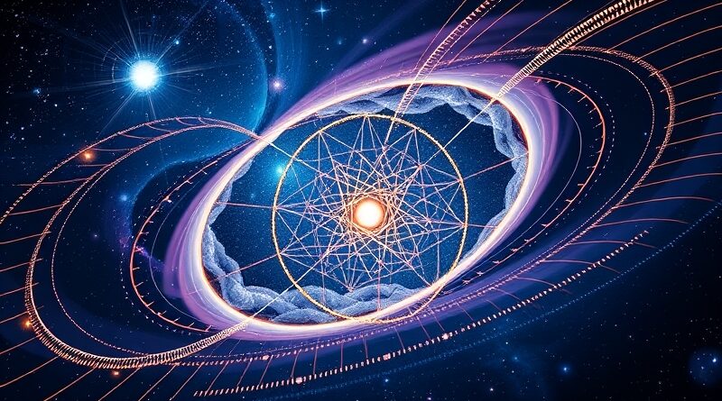 [ "Kosmiczny taniec mgławic i galaktyk z LIGO, symbolizujący odkrycia AI w astrofizyce." ]