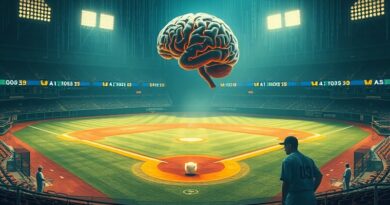 Surrealistyczne boisko baseballowe, AI mózg nad kopcem, duchy legend w loży, atmosfera Art Nouveau.