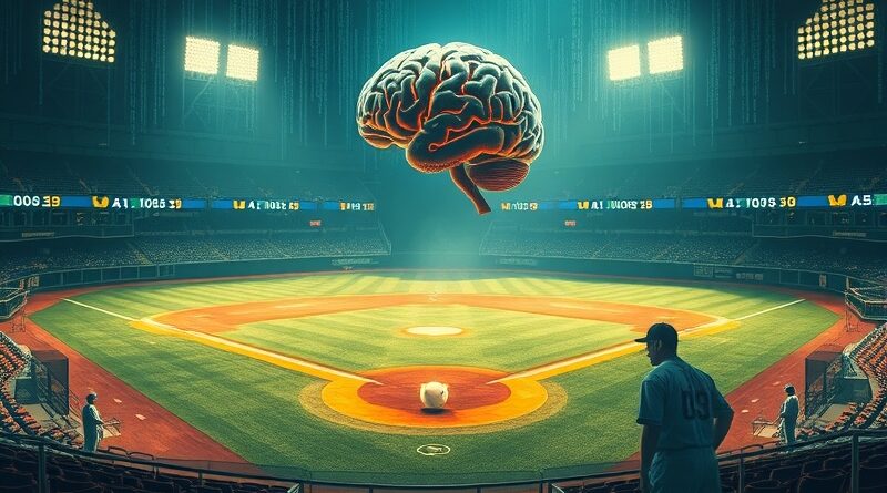 Surrealistyczne boisko baseballowe, AI mózg nad kopcem, duchy legend w loży, atmosfera Art Nouveau.