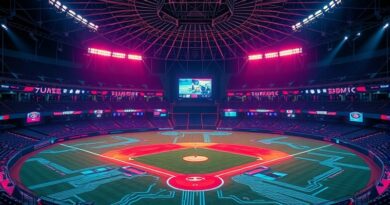 [ "Neonowy stadion baseballowy z obwodami i strumieniami danych, AI kontroluje grę. Cyberpunkowa arena sportowa przyszłości." ]