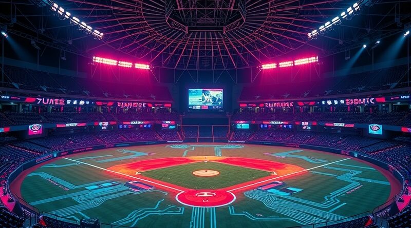 [ "Neonowy stadion baseballowy z obwodami i strumieniami danych, AI kontroluje grę. Cyberpunkowa arena sportowa przyszłości." ]