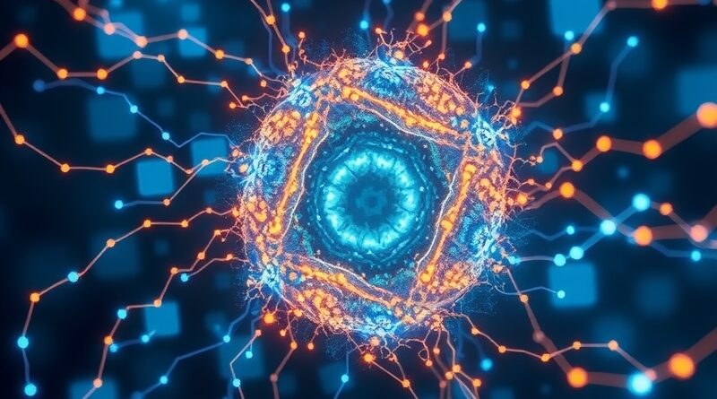 Abstrakcyjne połączenie rdzenia atomowego i sieci neuronowych symbolizuje wykorzystanie AI w energetyce jądrowej.