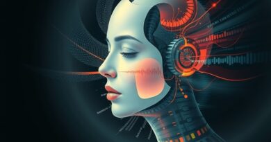 Rozproszone fale dźwiękowe w pastelach, nieskładna twarz. AI nie potrafi wyrazić ludzkich emocji w mowie.