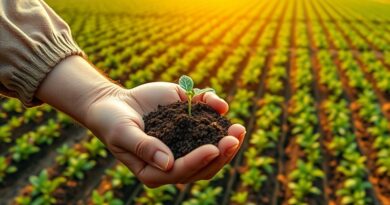 Dłoń rolnika trzyma żyzną glebę z kiełkującym nasionem, w tle pole z wizualizacją danych AI.