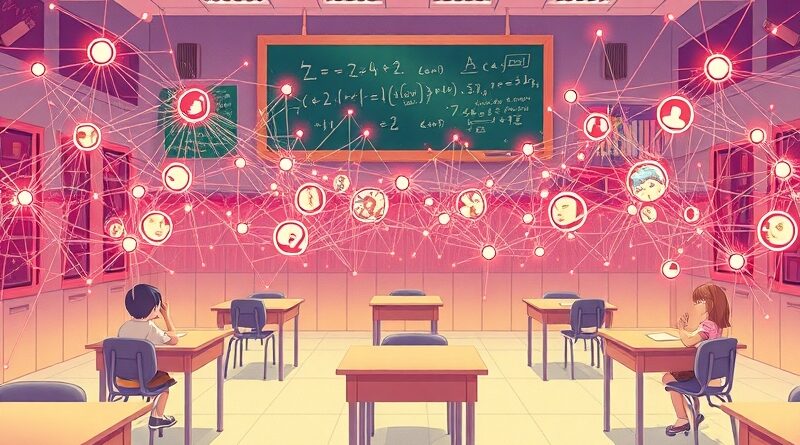 Surrealistyczna sieć neuronowa w klasie, dziecięce twarze w węzłach, pastelowe barwy, AI w edukacji.