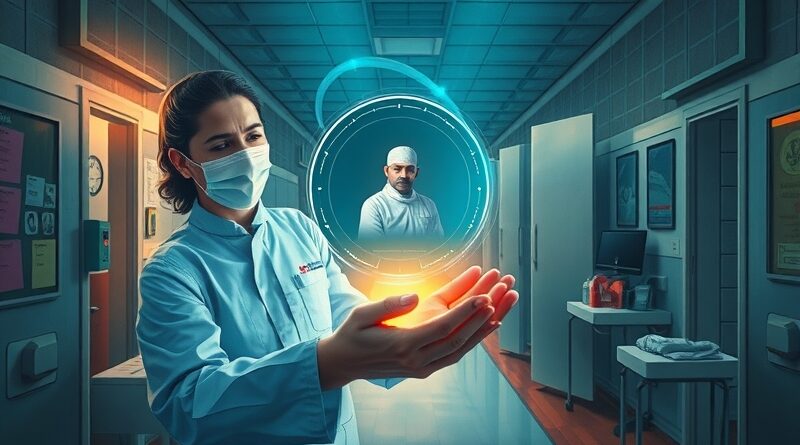 Eteryczna AI otacza hologram rannej osoby w szpitalu dla uchodźców w Libanie, wspierając lekarzy.