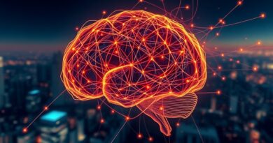 Świecący mózg sieci neuronowej z wirującym kodem binarnym na tle futurystycznego miasta. AI z pamięcią.