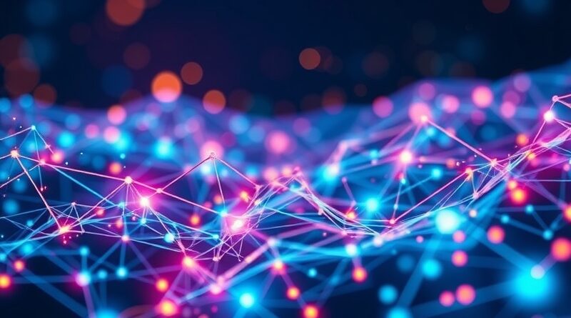 Abstrakcyjna wizualizacja cyfrowej fuzji TechTarget i Informa Tech, dynamiczne sieci danych z Stable Audio 2.5.