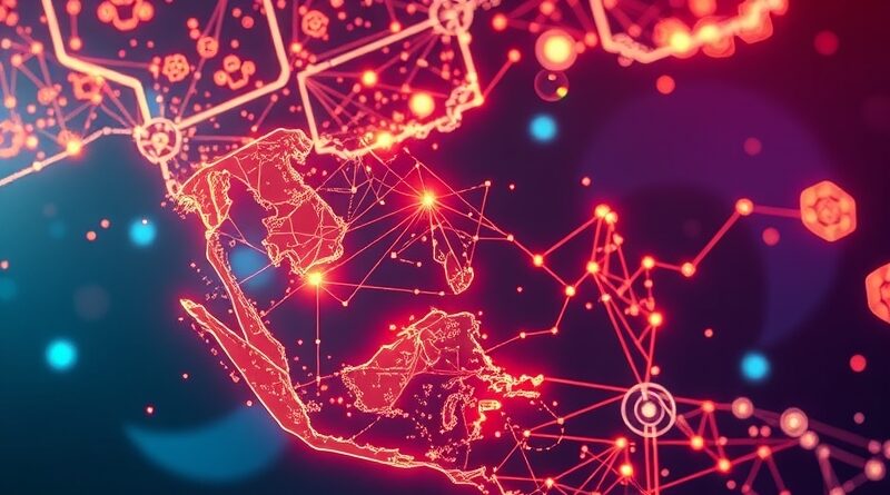 Azja i Pacyfik splecione z obwodami, symbol partnerstwa Thinking Machines i OpenAI we wdrażaniu AI.