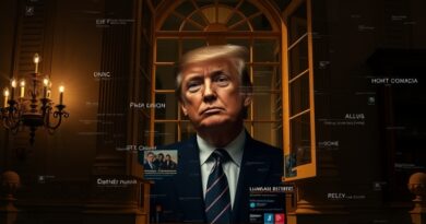 Uchylone okno Białego Domu, piksele, fragmenty twarzy Trumpa oplecione sztuczną inteligencją. Dezinformacja.