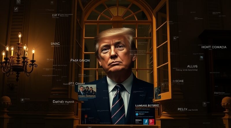 Uchylone okno Białego Domu, piksele, fragmenty twarzy Trumpa oplecione sztuczną inteligencją. Dezinformacja.