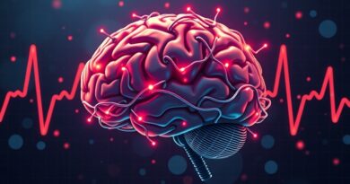 Stylizowany mózg z przewodów i neuronów na tle audiogramu, symbolizujący "drugi mózg" AI TwinMind.