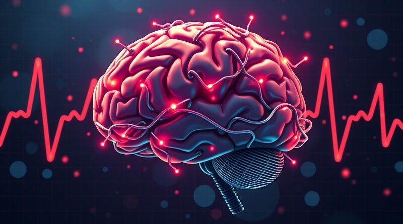 Stylizowany mózg z przewodów i neuronów na tle audiogramu, symbolizujący "drugi mózg" AI TwinMind.