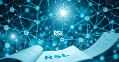 Sieć danych przekształcająca się w umowy prawne, z nodem "RSL" symbolizującym przejrzystość licencji AI.