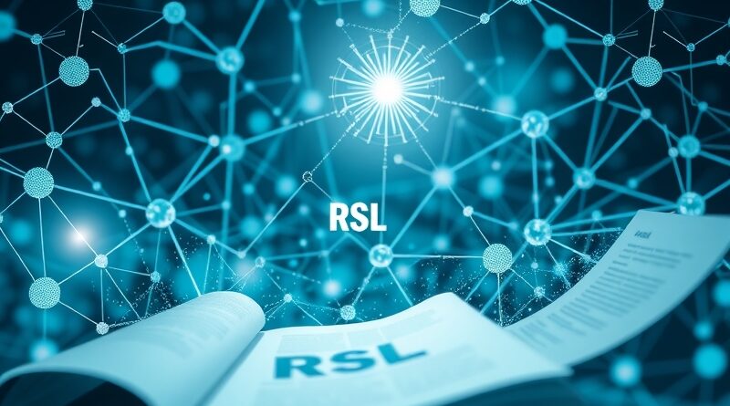 Sieć danych przekształcająca się w umowy prawne, z nodem "RSL" symbolizującym przejrzystość licencji AI.