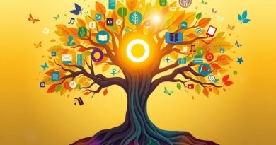 Abstrakcyjne drzewo wiedzy, korzenie w cyfrowej bibliotece, korona: moduły edukacyjne. Symbol "O" świecący energią AI.