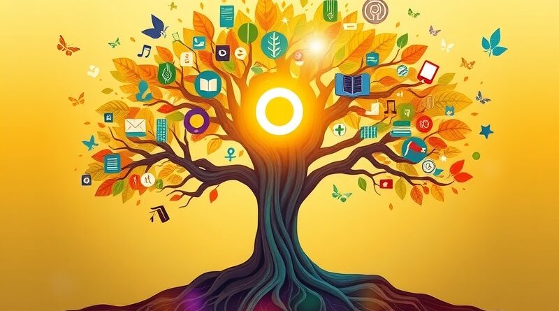 Abstrakcyjne drzewo wiedzy, korzenie w cyfrowej bibliotece, korona: moduły edukacyjne. Symbol "O" świecący energią AI.