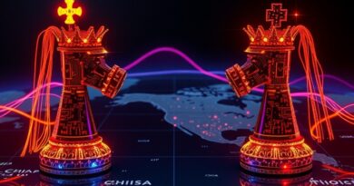 [ "Cyfrowa ilustracja: Starcie królów AI (USA vs. Chiny) na tle mapy świata, napięcie, cyberpunk." ]