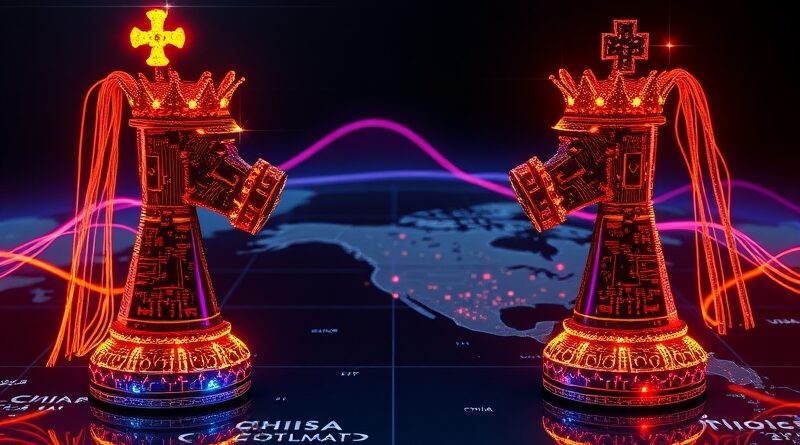 [ "Cyfrowa ilustracja: Starcie królów AI (USA vs. Chiny) na tle mapy świata, napięcie, cyberpunk." ]