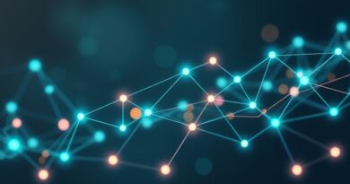 Abstrakcyjna sieć węzłów i linii symbolizująca integrację narzędzi AI przez protokół UTCP, w pastelowych barwach.