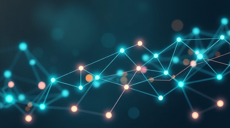 Abstrakcyjna sieć węzłów i linii symbolizująca integrację narzędzi AI przez protokół UTCP, w pastelowych barwach.