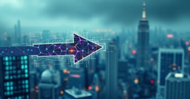 Kruchy blockchain przeszyty cyfrową strzałą AI, symbol zagrożeń dla kryptowalut wg Vitalika Buterina.