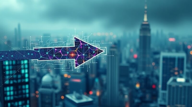 Kruchy blockchain przeszyty cyfrową strzałą AI, symbol zagrożeń dla kryptowalut wg Vitalika Buterina.