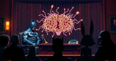 Proces Warner Bros. vs. Midjourney: Batman sędzią, Midjourney oskarżonym, w tle ikony popkultury.