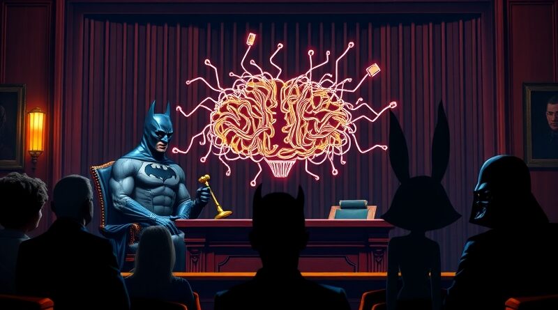 Proces Warner Bros. vs. Midjourney: Batman sędzią, Midjourney oskarżonym, w tle ikony popkultury.