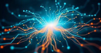 Abstrakcyjna grafika: ewolucja kodu AI, ludzkie wsparcie, niebiesko-zielona paleta z akcentami pomarańczy i żółci.