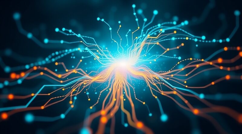 Abstrakcyjna grafika: ewolucja kodu AI, ludzkie wsparcie, niebiesko-zielona paleta z akcentami pomarańczy i żółci.