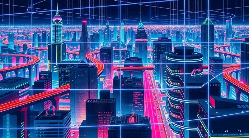 Abstrakcyjna wizja Doliny Krzemowej jako środowiska treningowego AI: neonowe obwody, cyfrowe postacie, futurystyczny pejzaż.