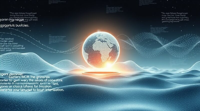 Splątane fale dźwiękowe i fragmenty tekstu zbiegają się w świetlistej kuli, symbolizując przełom MiMo-Audio od Xiaomi.