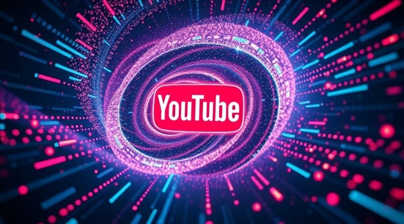 Futurystyczny wir danych i cząsteczek, przekształcający się w logo YouTube, symbolizujący moc AI.