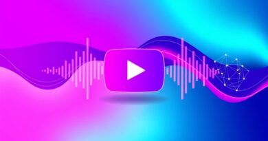 Abstrakcyjne fale dźwiękowe zbiegające się w logo YouTube, tło AI w odcieniach fioletu, błękitu i zieleni.