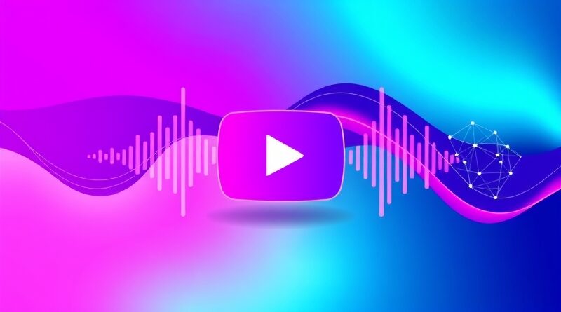 Abstrakcyjne fale dźwiękowe zbiegające się w logo YouTube, tło AI w odcieniach fioletu, błękitu i zieleni.