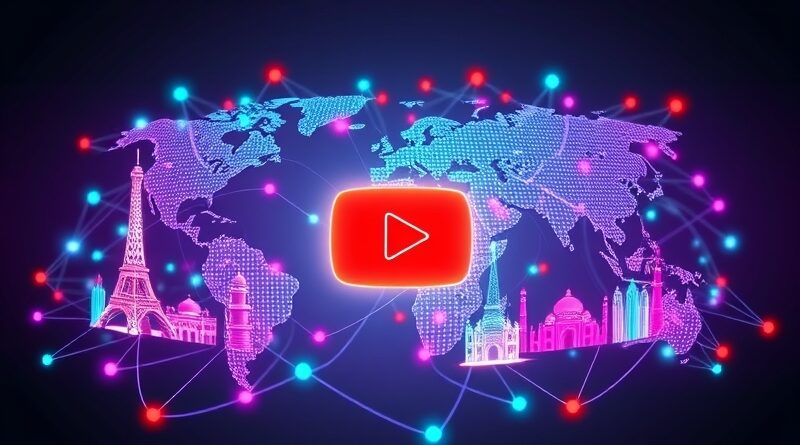 Sieć dźwiękowych fal rozchodzących się z przycisku YouTube, łączących znane budowle w barwach flag różnych języków.