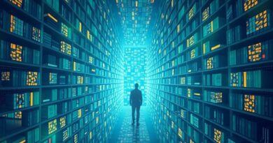 Stylizowana cyfrowa biblioteka Zarr: nieskończone półki z danymi, geometryczne wzory, niebiesko-zielono-złote barwy.