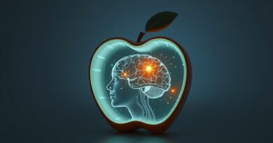 Cyfrowe jabłko przechodzące w kwiat, symbolizujące innowacje AI Apple w iOS 26.