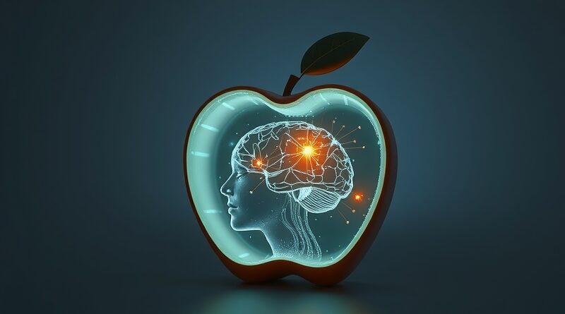 Cyfrowe jabłko przechodzące w kwiat, symbolizujące innowacje AI Apple w iOS 26.