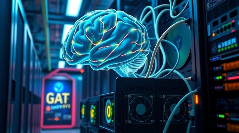 Świecący mózg z kablami światłowodowymi na serwerze, symbolizujący optymalizację LLM dzięki llm-optimizer od BentoML.