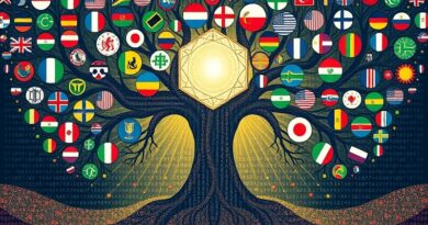 Rozłożyste drzewo języków, korzenie w pikselowej puli, gałęzie ku źródłu światła - symbolowi zrozumienia.