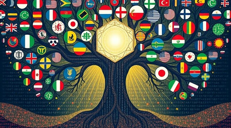 Rozłożyste drzewo języków, korzenie w pikselowej puli, gałęzie ku źródłu światła - symbolowi zrozumienia.